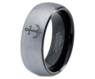 Laser Engraved Anchor Ring - Mens Black Wedding Rings Gray