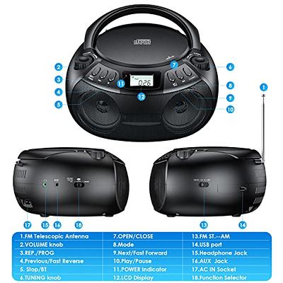 Gueray CD Player Portable Boombox with Bluetooth AM/FM Radio USB Port  Portable CD Player Stereo Sound Speaker MP3 Playback 3.5mm AUX Input  Headphone