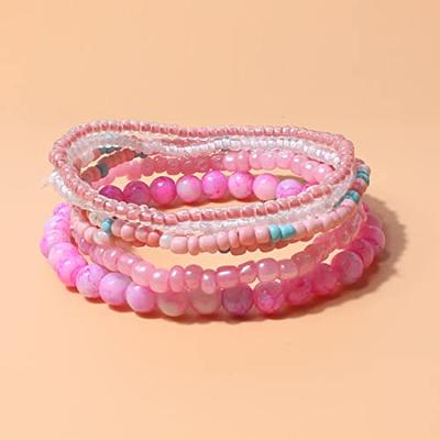 Multi Beaded Bracelets Layer Stretch Heart Charms Pink Beach