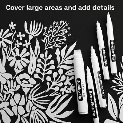 ARTISTRO 5 Black Markers Different Tips - Acrylic Markers with 15mm Jumbo,  0.7mm Extra Fine Tip, 1mm Fine Tip, 3mm Medium, Brush tip for Murals