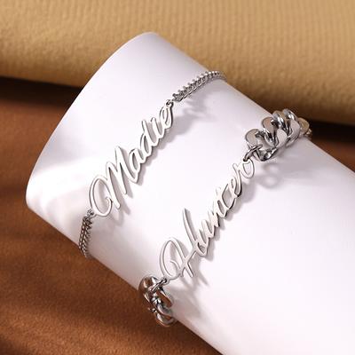 Amazon.com: Gemiac Name Bracelet Personalized for Women Two Tone Initial  Charm Cuff Bracelet Nameplate with Words for Girls (stlye 2): Clothing,  Shoes & Jewelry