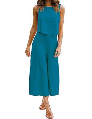 ROYLAMP Women's Summer 2 Piece Outfits Round Neck Crop Basic Top Cropped  Wide Leg Pants Set Jumpsuits Lake Blue XX-Large - Yahoo Shopping