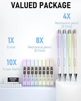 Fourcandies Cute Mechanical Pencil Set, 6pcs Pastel Mechanical Pencils 0.5mm & 0.7mm with 360pcs HB Pencil Leads, 3pcs Erasers and 9pcs Eraser Refills