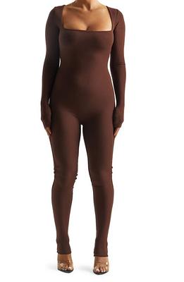 Naked Wardrobe Square Neck Long Sleeve Jumpsuit in Chocolate at