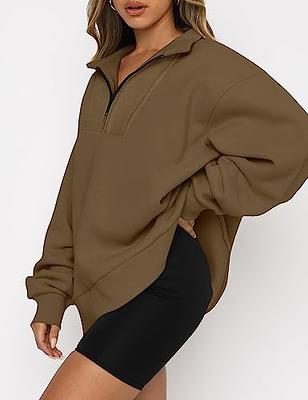 Womens Half Zip Sweatshirt Oversized Long Sleeve Collar Drop Shoulder Solid 1/4  Zipper Pullover Jacket 