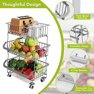 1Easylife Fruit Basket, Rolling Stackable Metal Wire Basket Cart