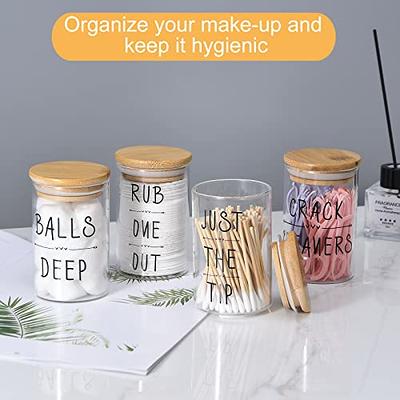 6 Pack Glass Cotton Ball Holder Bathroom Clear Glass with Bamboo Lids  Apothecary Jars Organizer Bathroom Vanity Canisters for Storage and  Organization