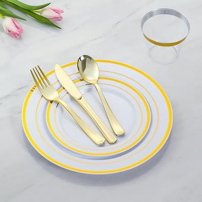 150 Pieces Gold Disposable Plates for 25 Guests, Plastic Party, Wedding,  Dinnerware Set of Dinner Plates, Salad Spoons, Forks, Knives, Cups