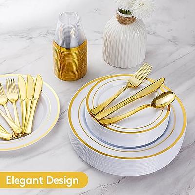 WELLIFE 200 Pieces White Dessert Plates with Gold Disposable Forks