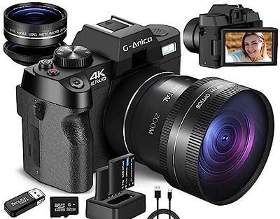 Digital camera for photography and video 4K 48MP video blog camera   with 180° flip screen, 16x digital zoom, 52mm wide angle and macro lens,  32GB TF card, 2 fast batteries Black - KENTFAITH