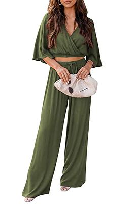 Women's 2 Piece Outfits Button Down Long Sleeve Shirt and Wide Leg