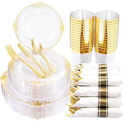 WDF 100pcs Clear Plastic Plates With Gold Trim - Baroque Clear Gold  Disposable Plates for Parties or Wedding - including 50PCS Dinner Plates  10.25inch and 50PCS Salad Plates 7.5inch Clear Gold 100 Pcs