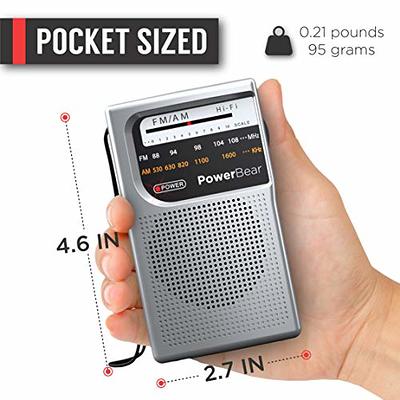 AM FM Portable Pocket Radio, Compact Transistor Radios - Best Reception,  Loud Speaker, Earphone Jack, Long Lasting, 2 AA Battery Operated (Silver) 