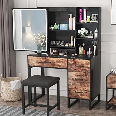  LVSOMT Makeup Vanity Desk Set with Lighted Mirror, Makeup Vanity  with Drawers, Vanity Table for Bedroom (Brown) : Home & Kitchen