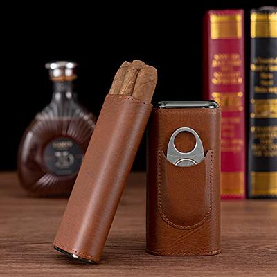 AMANCY Premium 3- Finger Brown Leather Cigar Case, Cedar Wood Lined Cigar  Humidor with Silver Stainless Steel Cutter