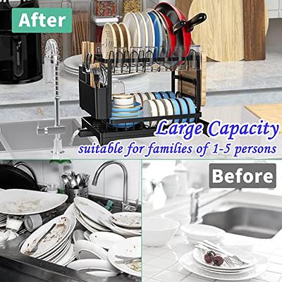 Classic 2 Tier Stainless Steel Dish Drainer Drying Rack Dish Rack Over Sink  for Kitchen Countertop with Utensil Holder Hooks Standing Dish Drainer