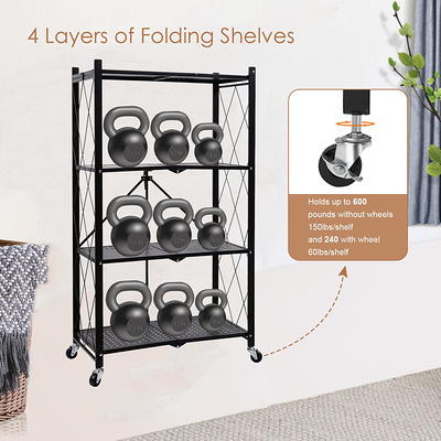 HealSmart 4-Tier Heavy Duty Foldable Metal Rack Storage Shelving Unit with Wheels Moving Easily Organizer Shelves Great for Garage Kitchen Holds Up