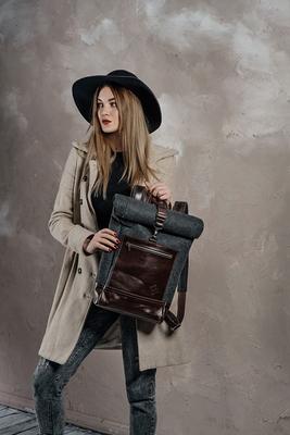 Minimalist Leather Roll Top Backpack, Custom Brown Rucksack For