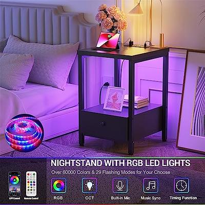 Set of 2 LED Nightstand with Charging Station&LED Lights & 2 Drawers,  Modern Night Stand Bedside Table with Pull-Out Tray for Bedroom Living  Room, Black 