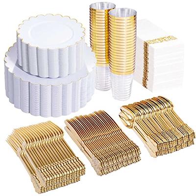 350 Piece M MCIRCO Gold Dinnerware Set - 100 Gold Rim Plastic Plates - 50  Gold Plastic Silverware - 50 Gold Plastic Cups - 50