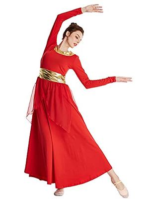 Women Metallic Bell Long Sleeve Praise Dance Dress Loose Fit Full Length  Liturgical Lyrical Dancewear Worship Costume