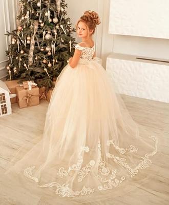 MCieloLuna Gorgeous Girls Pageant Princess Flower Girl Dress with Train  Long A Line Lace Tulle Wedding Birthday First Communion Dress for Girls  Ivory 08 - Yahoo Shopping