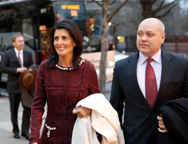 UN Ambassador-designate, South Carolina Gov. Nikki Haley and her husband Michael, arrive for a church service at St. John's Episcopal Church across from the White House in Washington, on Donald Trump's inauguration day