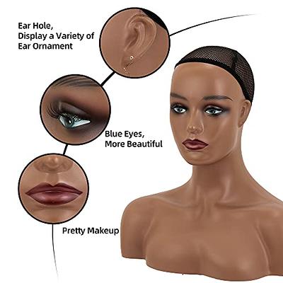 Realistic Female Mannequin Head with Shoulder Manikin PVC Head Bust Wig  Head Stand with Makeup for Wigs Necklace Earrings Light Brown 