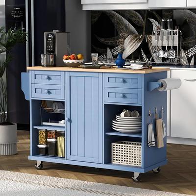 Blue Rubber Wood Countertop 53.1 in. W Kitchen Island on 5-Wheels with 8  Handle-Free Drawers and Flatware Organizer ktkhwy14 - The Home Depot