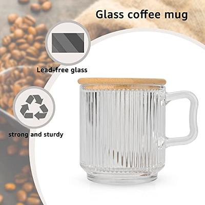 Lysenn Iridescent Glass Coffee Mug w/ Lid Premium Classical Vertical Stripes Glass Tea Cup for |Latte|Tea|Chocolate|Juice|Water| Unleaded Bamboo