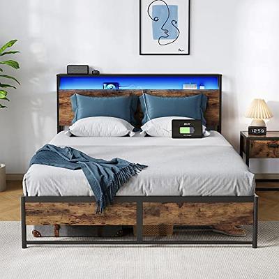 LINSY Queen Bed Frame with Ergonomic Headboard, 14 inch Fast Assembly Metal  Bed with Lights, Outlets