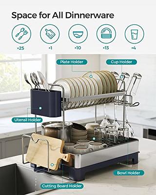 Dish Drying Rack,Kitchen Counter Expandable Dish Rack with Drainboard Spout  Grey