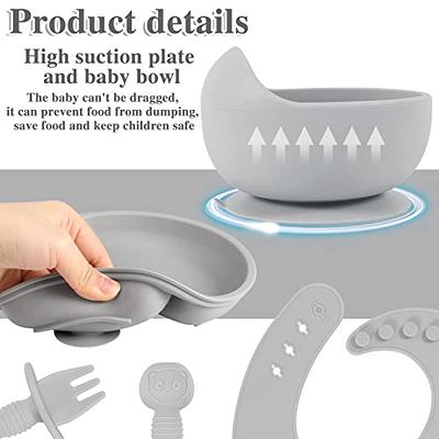 Baby Feeding Set Silicone Bib Wooden Spoon & Suction Bowl Newborn & Toddler  No Mess Self Feeding Easy Clean Utensils Washable, Girls/Boys Shower 