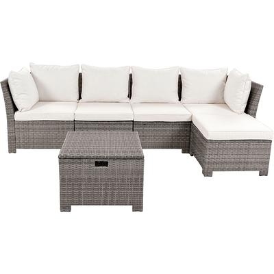 SINOFURN Rattan Outdoor Sectional with Red Cushion(S) and Rattan