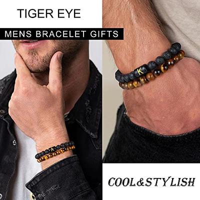 Mens Beaded Bracelets with Names - Lava Stones & Custom Beads Bracelet - Valentines Day Gifts for Him - Mens Engraved Bracelet - Dad Bracelet