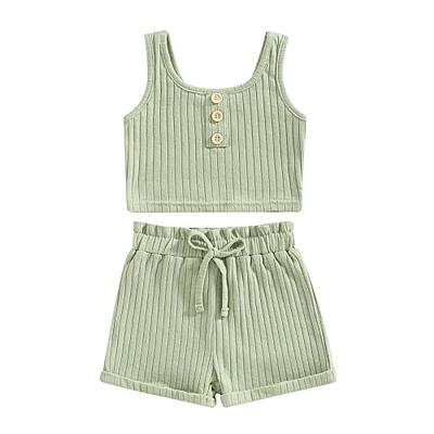 2pcs Baby Boy/Girl Button Design Solid Ribbed Short-sleeve Top and Suspender Shorts Set