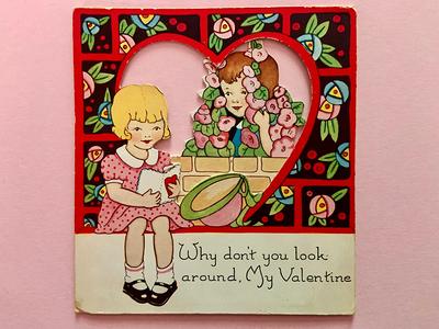 Vintage Valentine's Day Card With Girl Handing Boy a Card