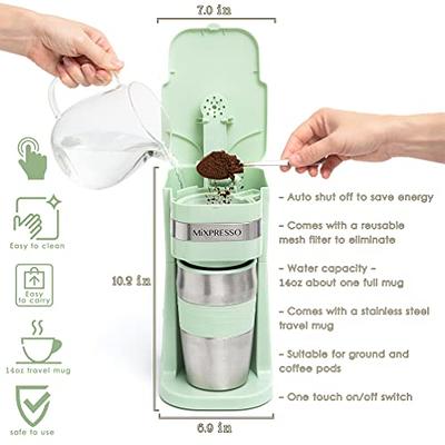  Mixpresso 2-In-1 Single Cup Coffee Maker & 14oz Travel Mug  Combo, Portable & Lightweight Personal Drip Coffee Brewer & Tumbler  Advanced Auto Shut Off Function & Reusable Eco-Friendly Filter: Home 