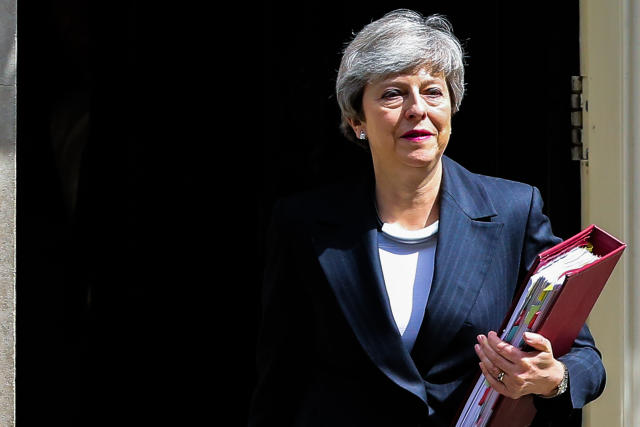 British Prime Minister Theresa May is seen departing from Number 10 Downing Street to attend Prime Minister's Questions (PMQs) in the House of Commons on the eve of European Parliament elections. (Photo by Dinendra Haria / SOPA Images/Sipa USA)