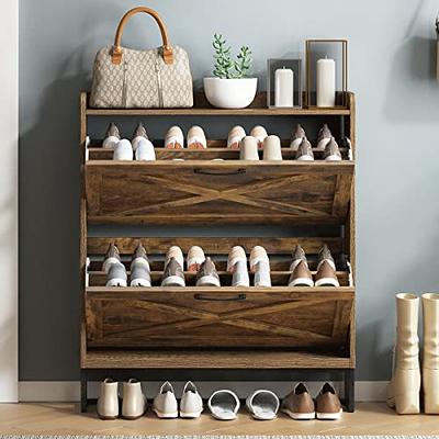 Freestanding Shoe Storage Cabinet for Entryway, Wooden Narrow Shoe Rack Organizer - Rustic Brown