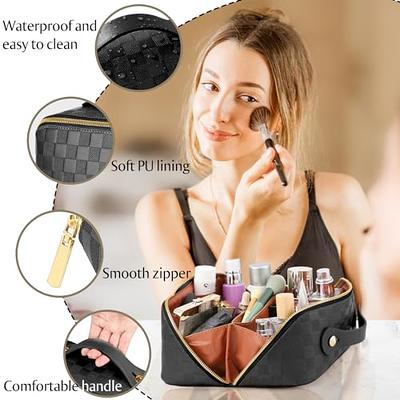  ALEXTINA Large Capacity Travel Cosmetic Bag - Portable Makeup  Bags for Women Travel Toiletry Bag Waterproof Leather Checkered Makeup  Organizer Bag, Roomy Cosmetic Bag for Women and Girls, Black : Beauty