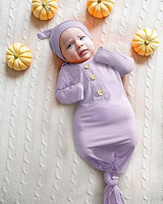 Baby Girl, Boy Knotted Infant Sleeper Gown with Headband or Hat, Baby Coming Home Outfit for Boy Girl Fall Winter 0-6 Months