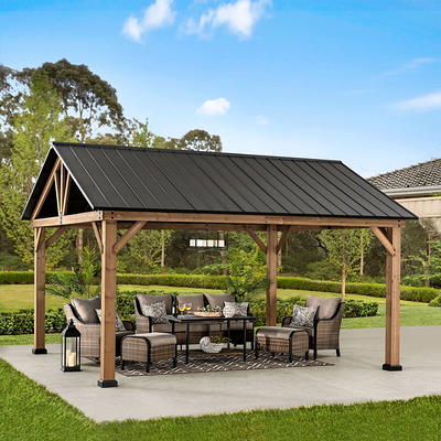 Sunjoy Outdoor Patio Grill Gazebo 10 ft. x 11 ft. Wooden Frame Hot Tub  Pergola Kit with Privacy Screen and Large Bar Shelves A106008500 - The Home  Depot