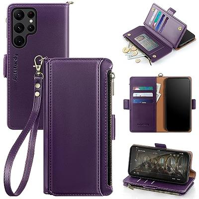 Samsung Galaxy S22 Ultra Luxury Leather Zipper Wallet Case with Wrist Strap  and 7 Card Slots Purple