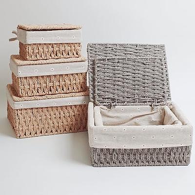 White Rectangle Woven Storage Baskets with Lid- 4 Pc.