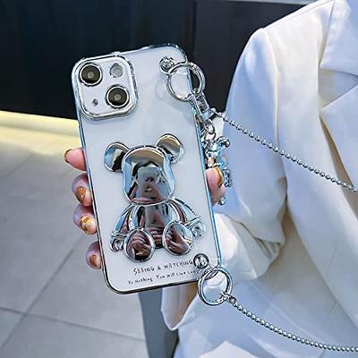 Cute Case for iPhone 14 Pro Max 6.7'', 3D Cartoon case Gold Teddy Bear  Sparkle Bling Cover with Metal Chain Strap Bell Pendant, Fashion Plating  Soft