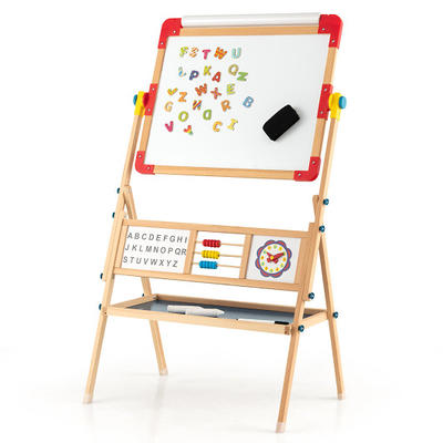 All-in-One Wooden Height Adjustable Kid's Art Easel with Magnetic Stickers  and Paper - Costway