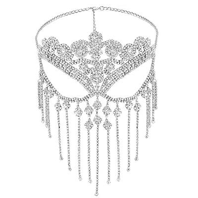 Rhinestone Tassel Mask Fashion Masquerade Face Decoration Exaggerated Diamond Hair Accessories for Women Silver F