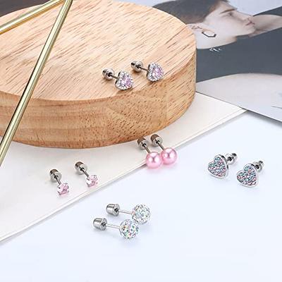 YADOCA 4 Pairs Screw Back Earrings for Women Girls Hypoallergenic 316L Stainless Steel Cute Pink CZ Heart Screwback Dangle Earrings Multicolored