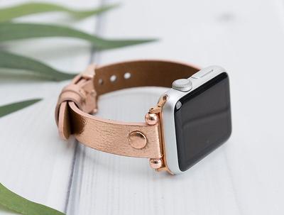 Rose Gold Metal Rivet Leather Sport Strap For iWatch Series 6 5 4